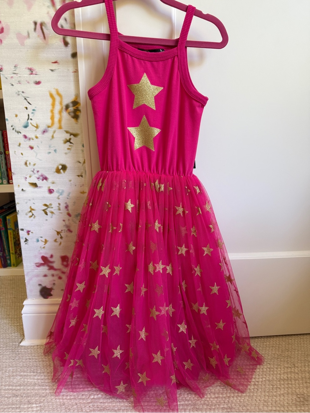 Girls' Hot Pink Star Tulle Dress with Gold Stars